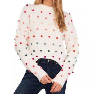 CECE Women's Mock Neck Rainbow Pom Pom Sweater Size L NWT Antique White